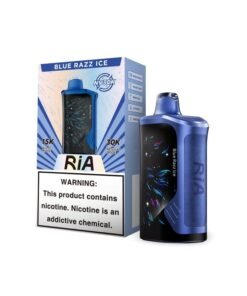 Blue razz ice nv30k disposable vape by RIA VAPE with leather grip and curved screen, front view
