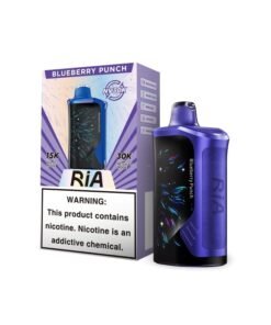 Ria blueberry punch vape disposable by RIA VAPE showing the curved aurora screen and leather body