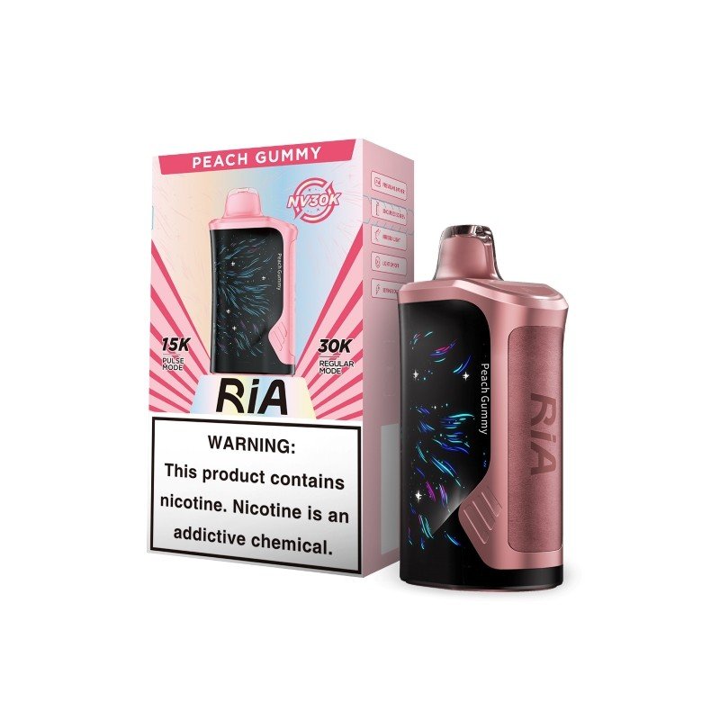 peach-gummy-ria-nv30k Peach gummy ria vape disposable, RIA NV30K device with curved display, front angle